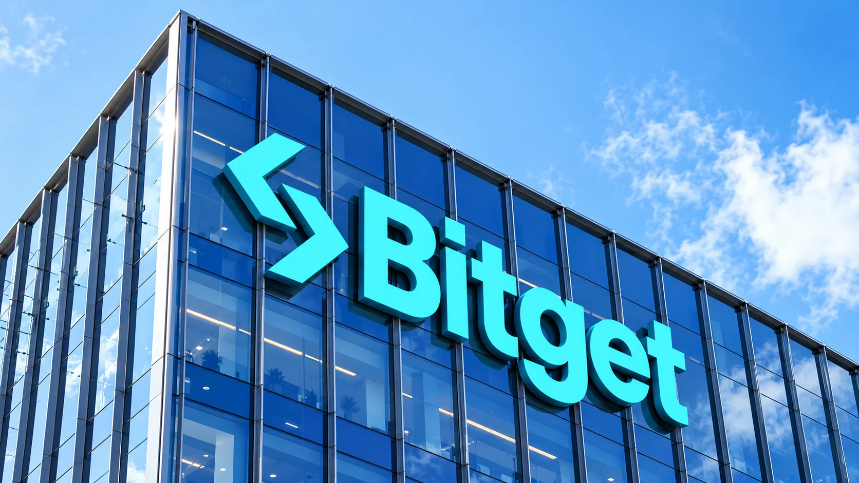 Facade of a corporate building with the Bitget logo prominently displayed.