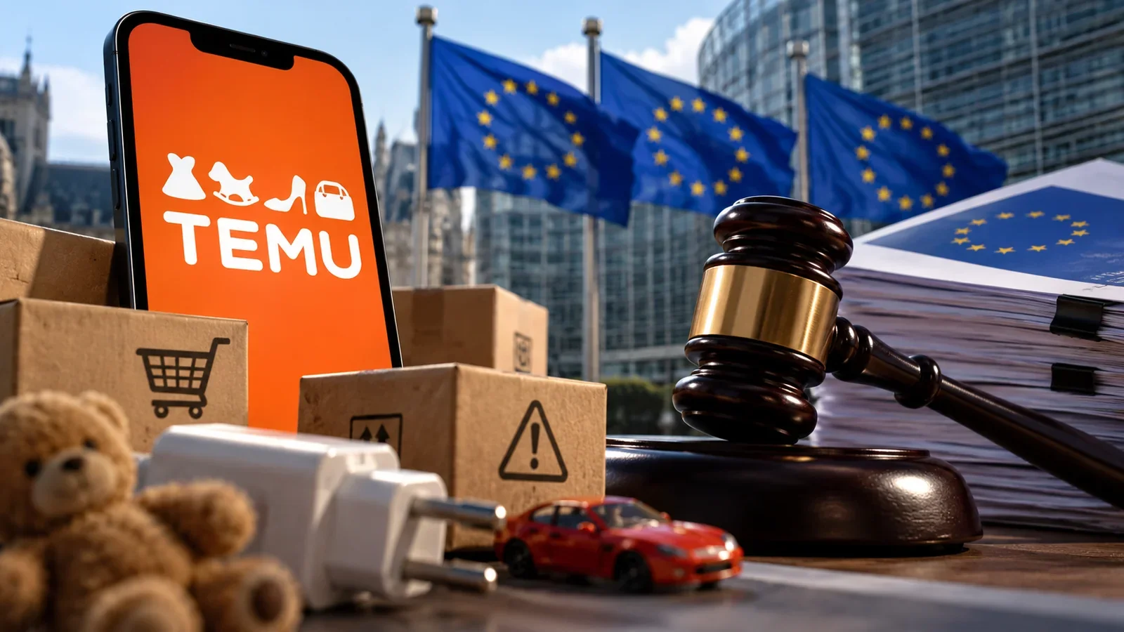 Composición editorial con un teléfono móvil que muestra Temu, banderas de la Unión Europea, embalajes y productos de consumo.