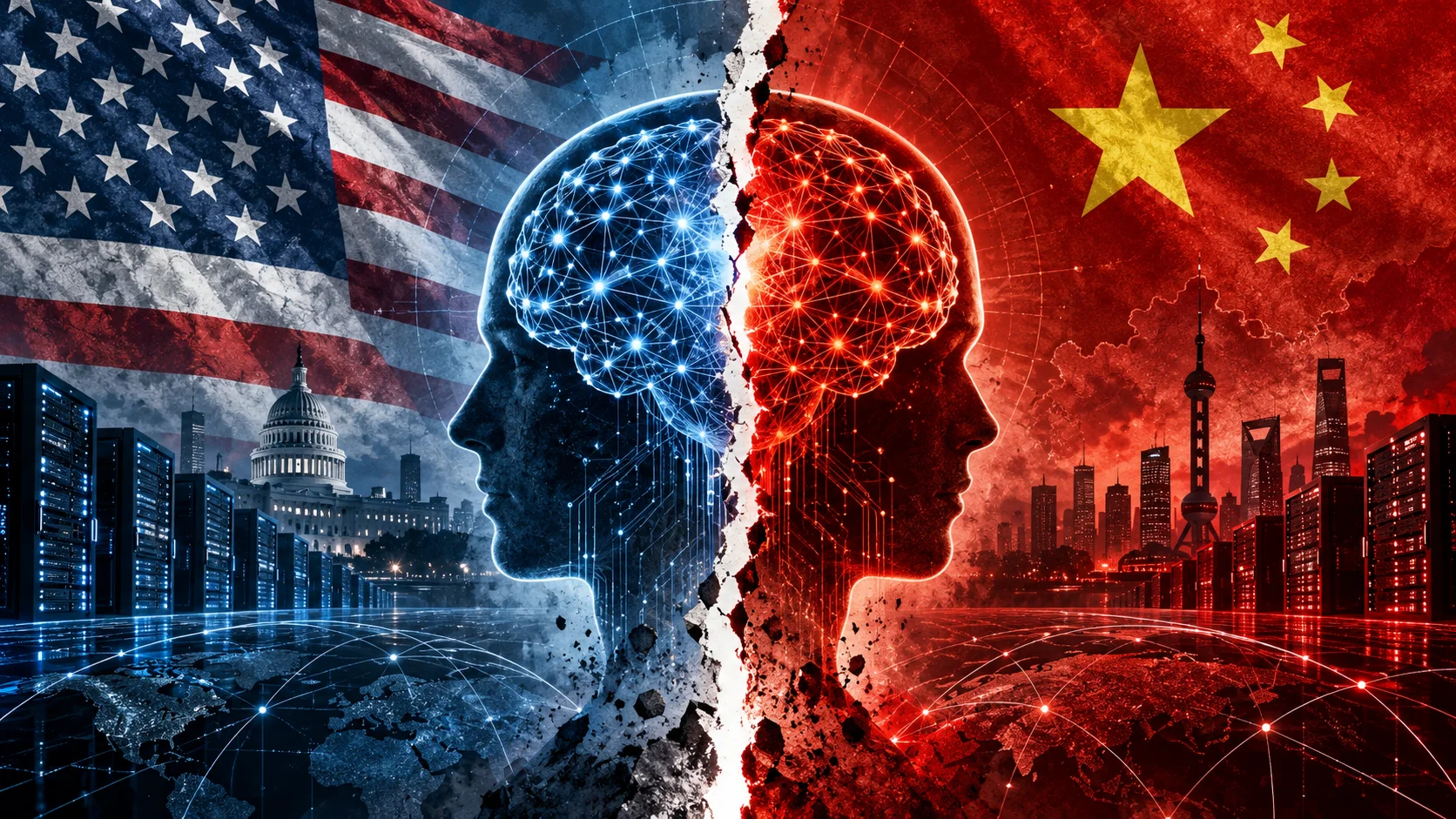 Ilustración conceptual muestra a Estados Unidos y China divididos por una disputa en torno a la inteligencia artificial avanzada.