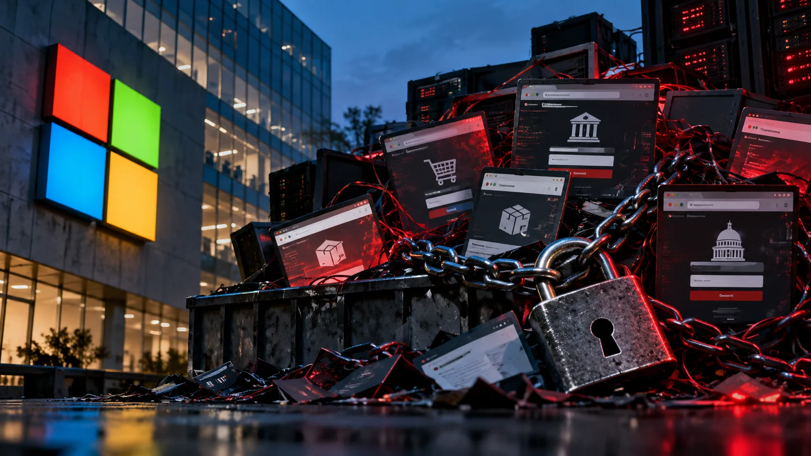 Editorial illustration with the Microsoft logo next to servers, fake phishing pages and equipment blocked by chains and a padlock.