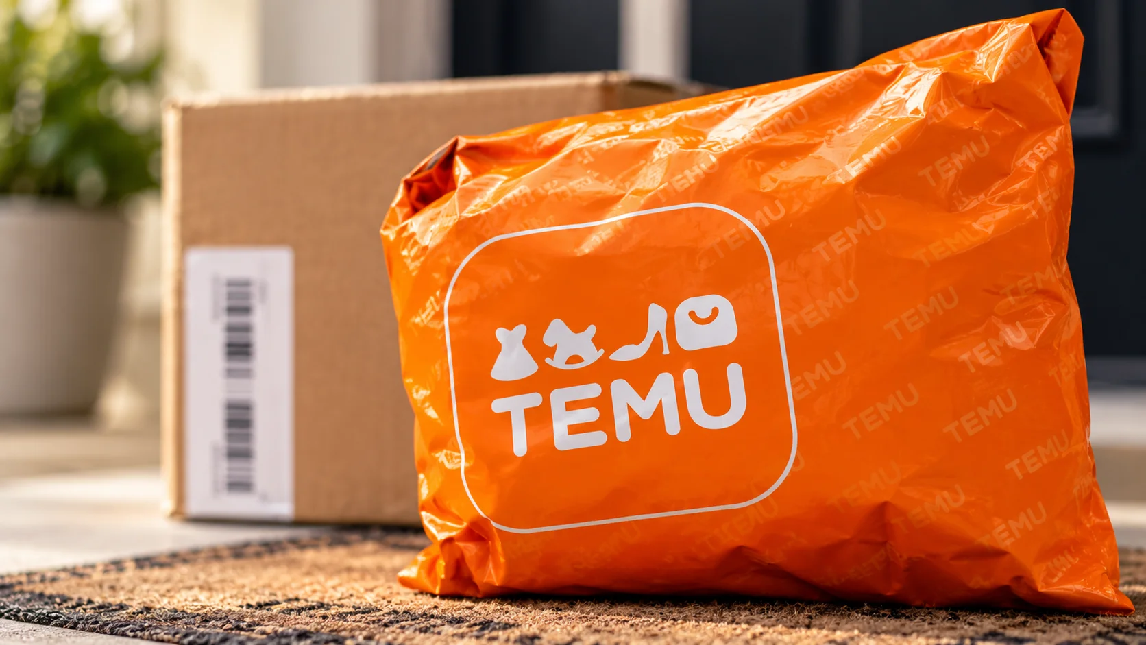 Pacote laranja da Temu em frente a uma caixa de entrega.