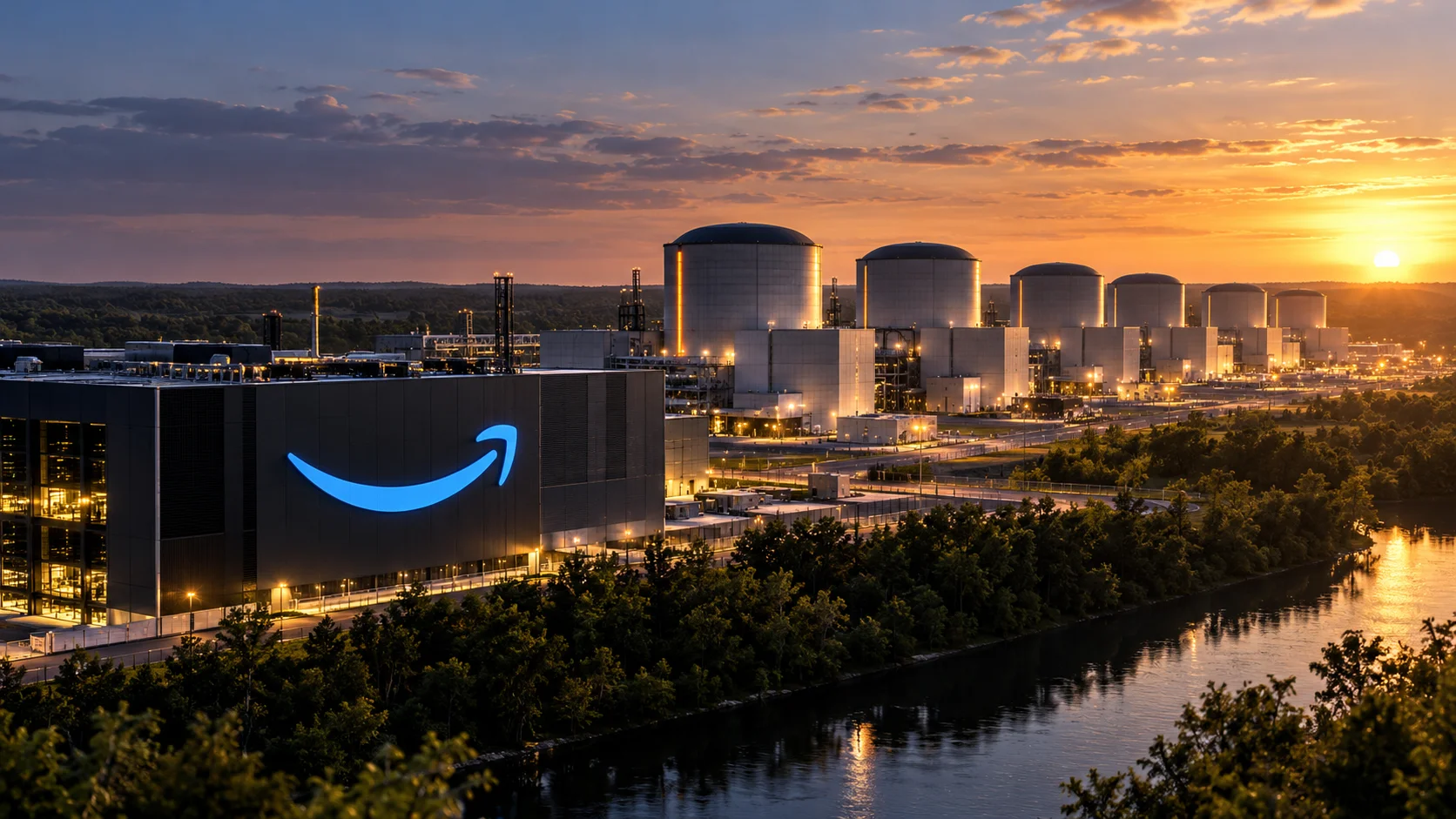Representação de uma instalação nuclear com reatores modulares e infraestrutura da Amazon ao entardecer.