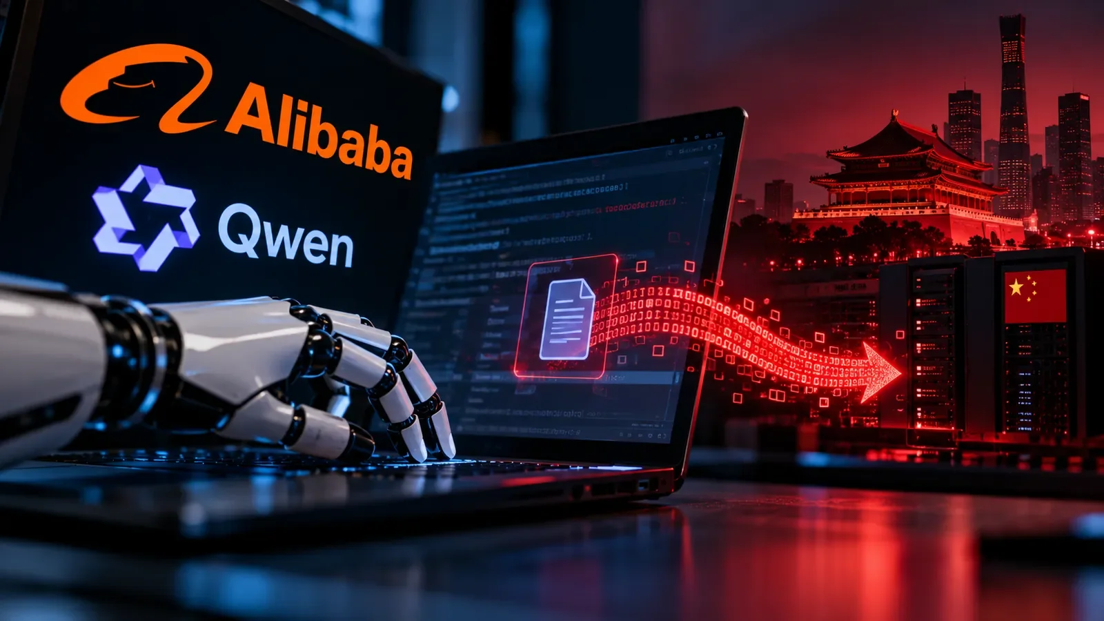 Composición con logotipos de Alibaba y Qwen, una mano robótica y un flujo de datos dirigido a servidores en China.