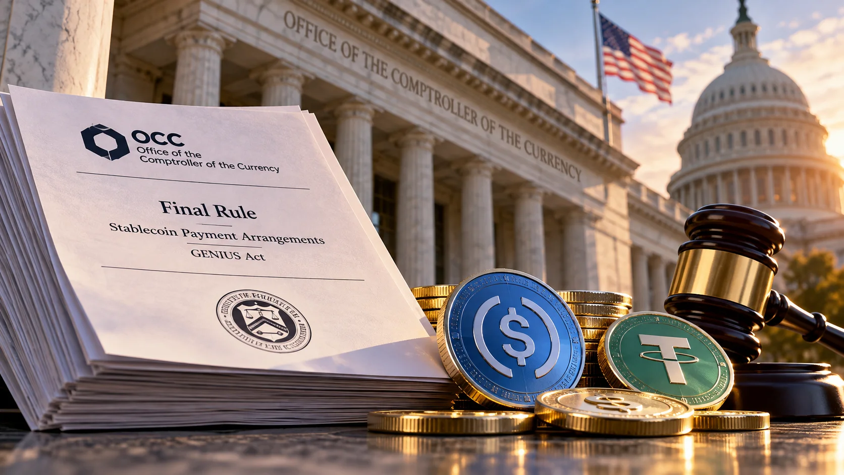Documentos de la OCC sobre la GENIUS Act junto a monedas digitales, con el Capitolio de EE. UU. al fondo.