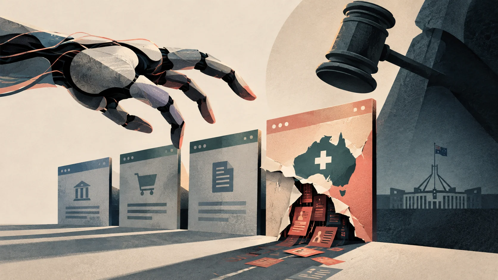Ilustración en estilo collage muestra una mano robótica avanzando sobre ventanas de sitios, una de ellas rasgada con el mapa de Australia y una cruz médica, mientras un martillo de juez flota al lado, simbolizando invasión digital y consecuencias legales.