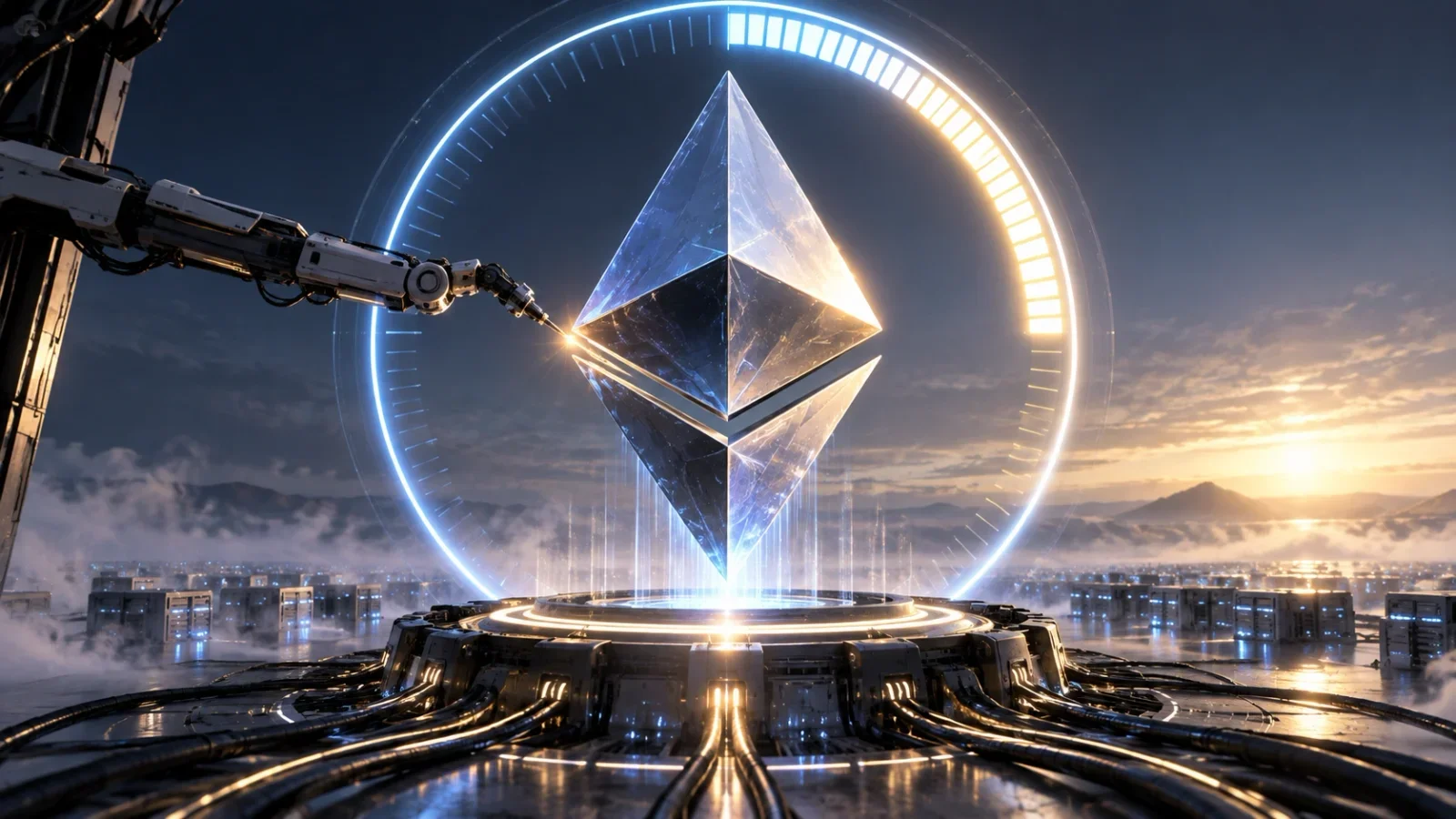 Ethereum symbol in a futuristic environment representing the Glamsterdam test on Sepolia.