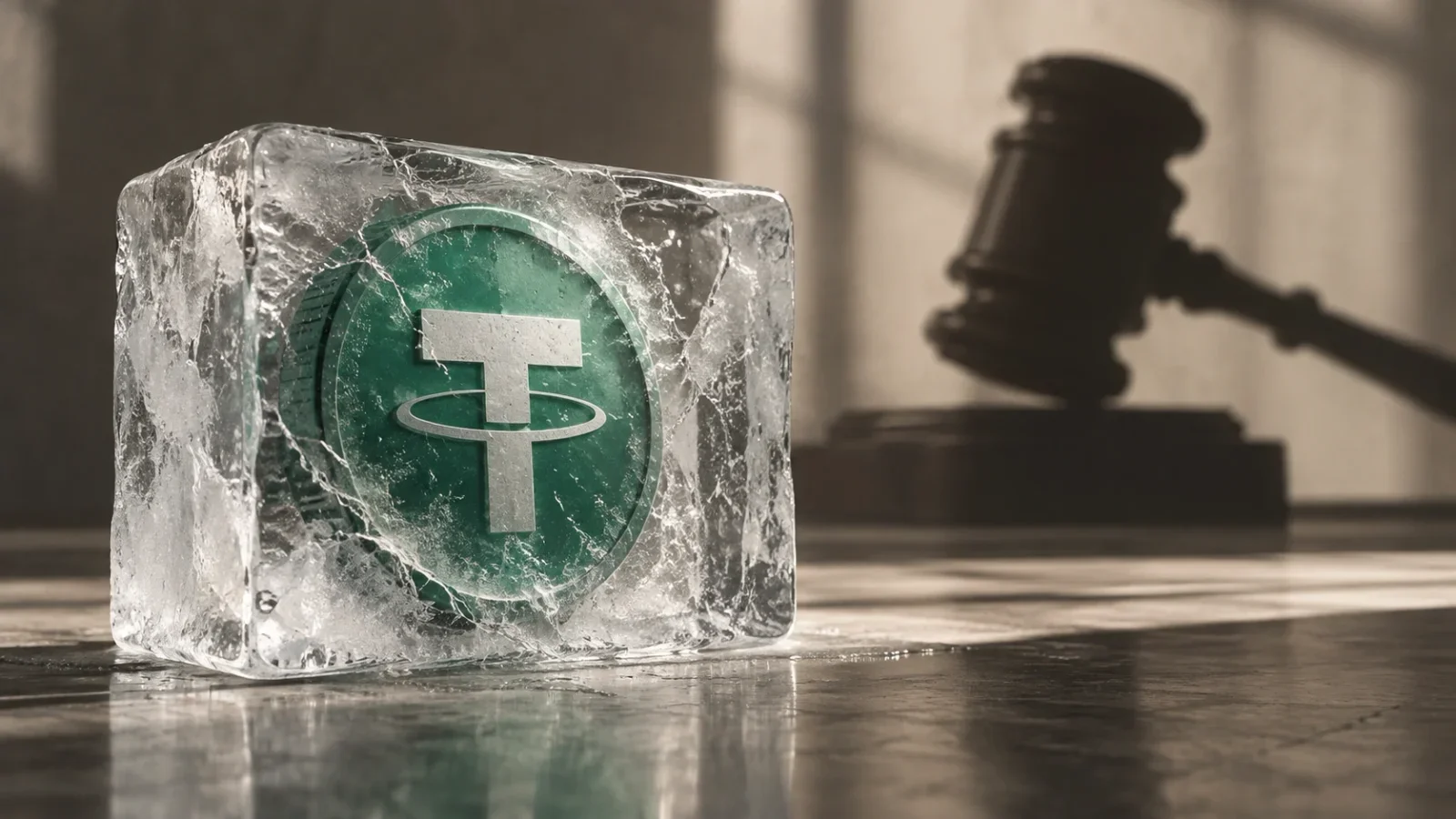 Token USDT preso no gelo com martelo judicial ao fundo.