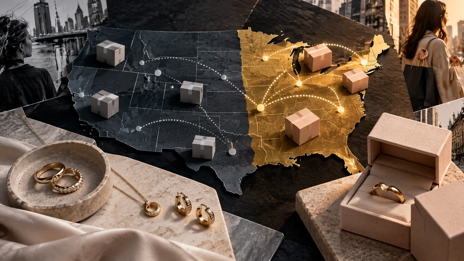 Experimento de ecommerce de joias visualizado como regiões de tratamento e holdout nos Estados Unidos.