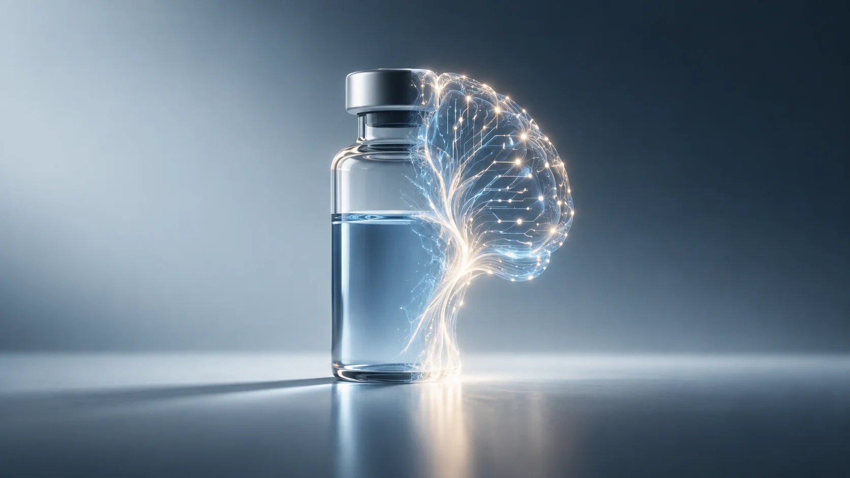 Frasco farmacéutico parcialmente fusionado con un cerebro digital luminoso, en una composición minimalista que simboliza la aplicación de IA en el descubrimiento de medicamentos.