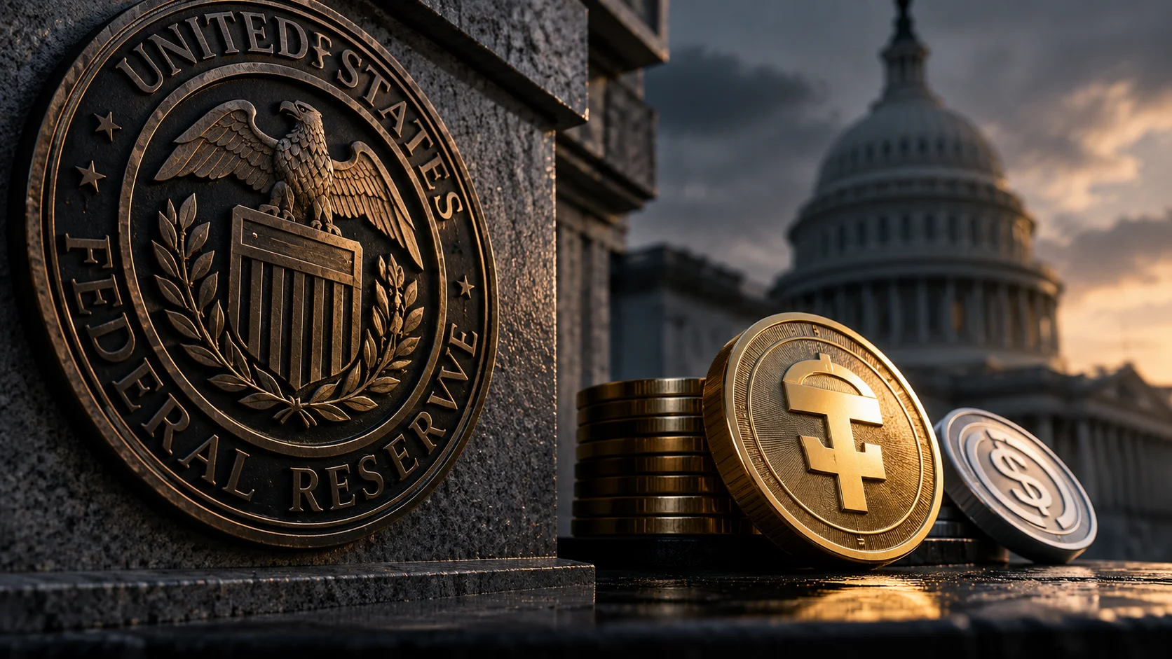 Ilustración del sello del Federal Reserve junto a monedas digitales, con el Capitolio estadounidense al fondo.