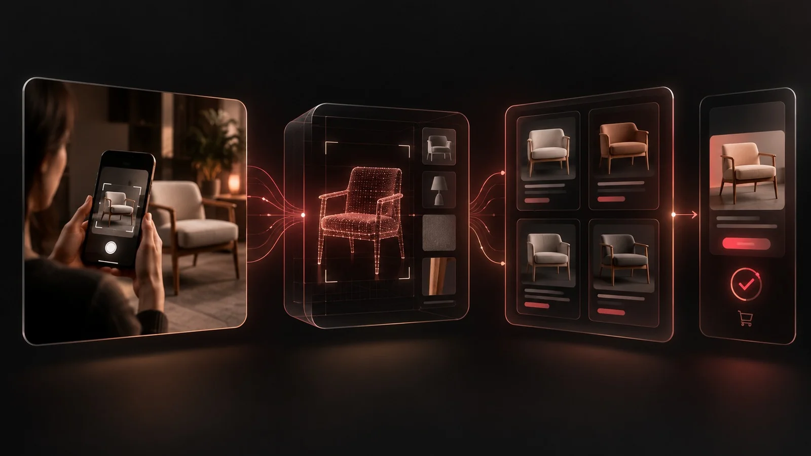 A product image moving through visual recognition, matching and sponsored commerce results.