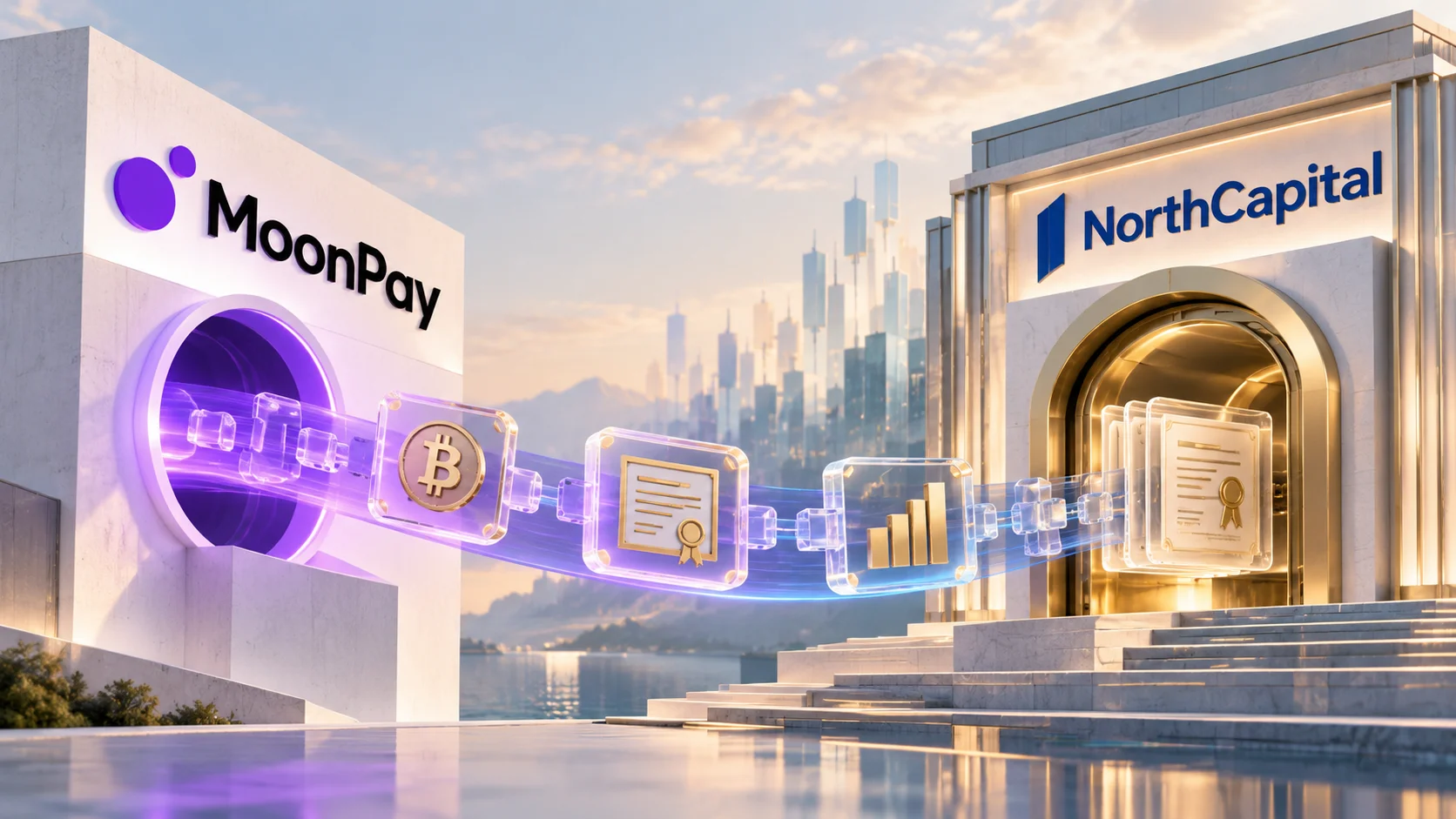 Ilustração conceitual mostra MoonPay e North Capital conectadas por uma infraestrutura digital de ativos tokenizados e valores mobiliários.