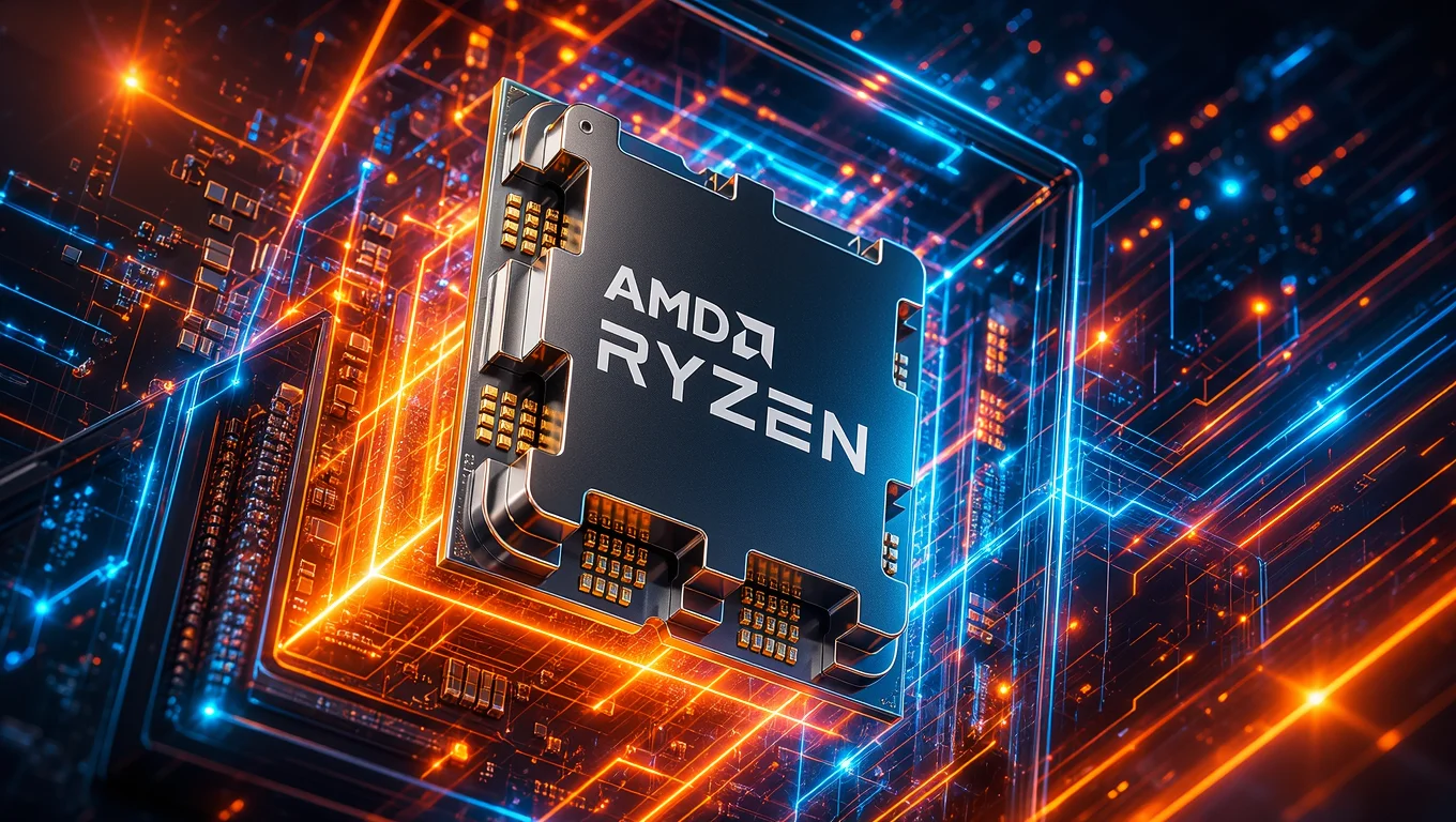 AMD Ryzen processor installed on a circuit board, surrounded by electronic connections illuminated in blue and orange.