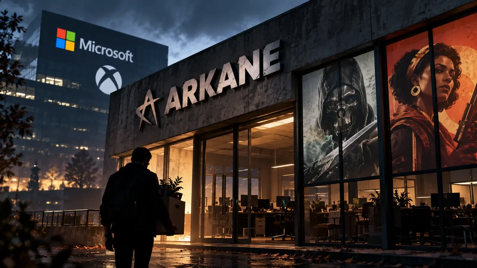 Illustrative facade of Arkane Lyon with Microsoft and Xbox logos and an employee leaving the studio with their belongings.