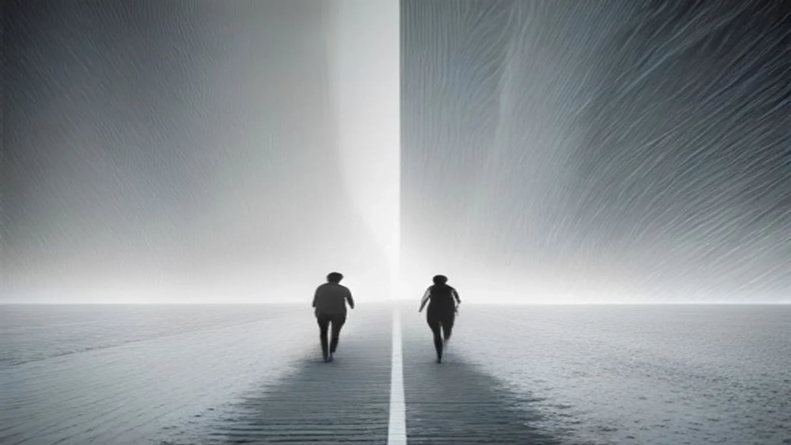 Dois trajos finos que se cruzam e seguem juntos em preto e branco, como caminhos de aliados