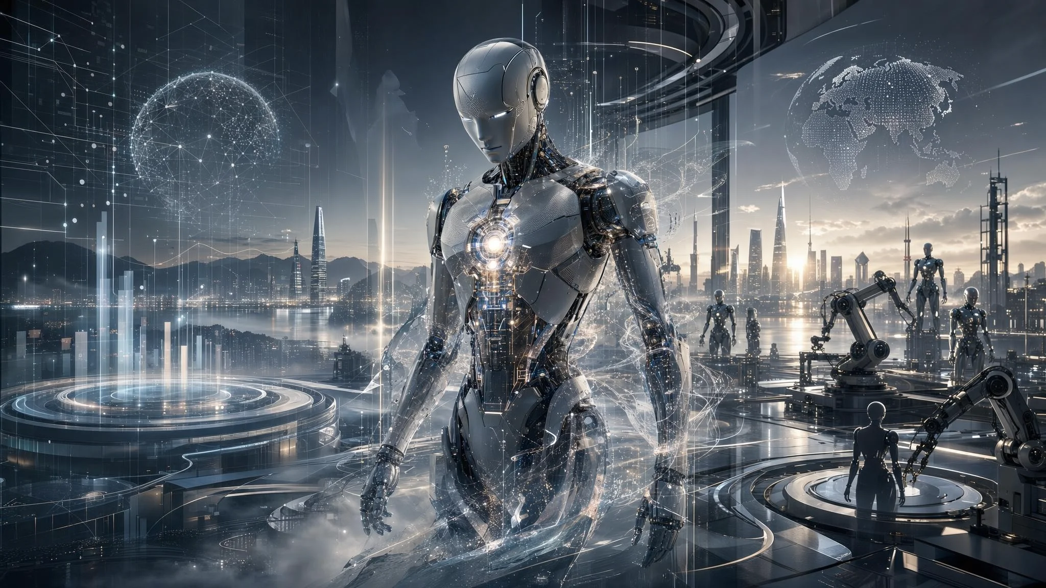 Humanoid robot in a futuristic production and research environment, with robotic arms, digital structures, and a tech city in the background.