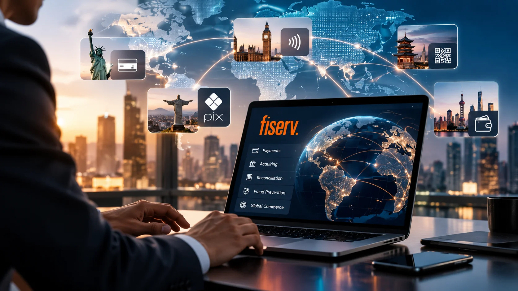 Illustration of Fiserv’s global payment platform connecting local payment methods across international markets.