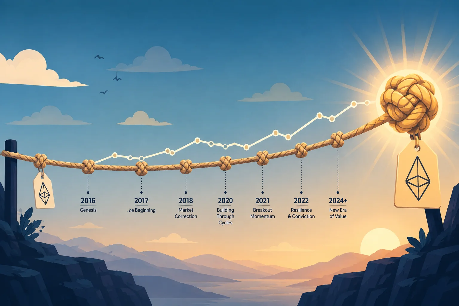 Vector illustration of a stretched rope serving as a timeline, with knots marking events, an ascending line overlaid, and labels with the Ethereum symbol at the beginning and end, in front of a sky with stylized clouds and landscape in the background.