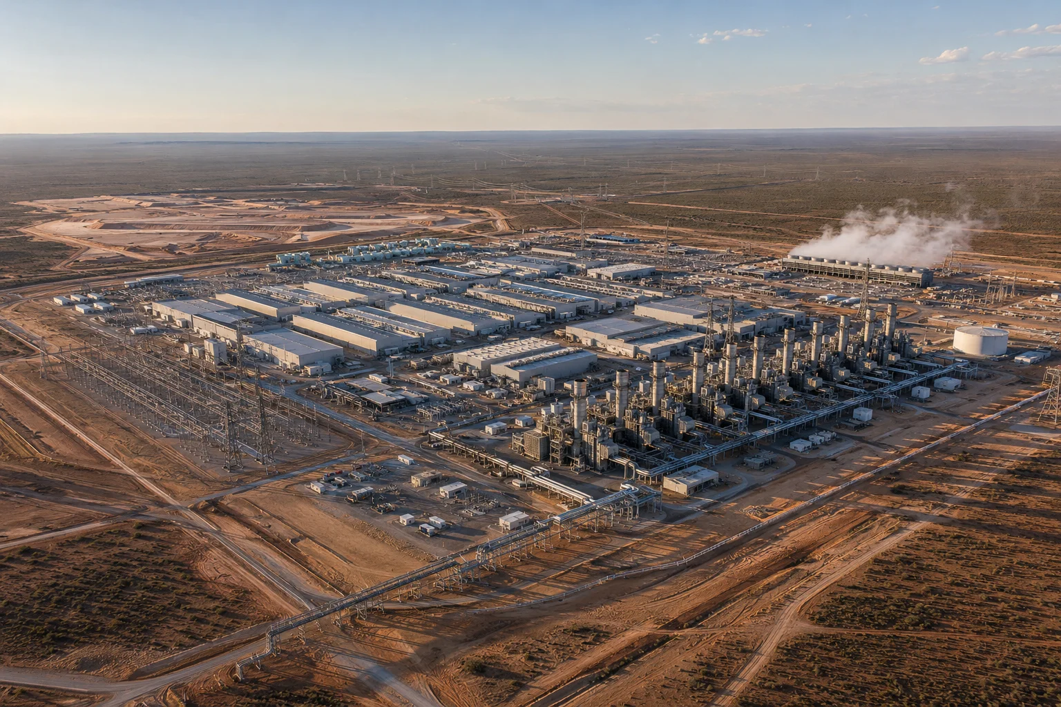 Aerial view of a large data center complex and a gas-fired power plant interconnected by substations, transmission lines, and pipelines in an arid region of Texas.