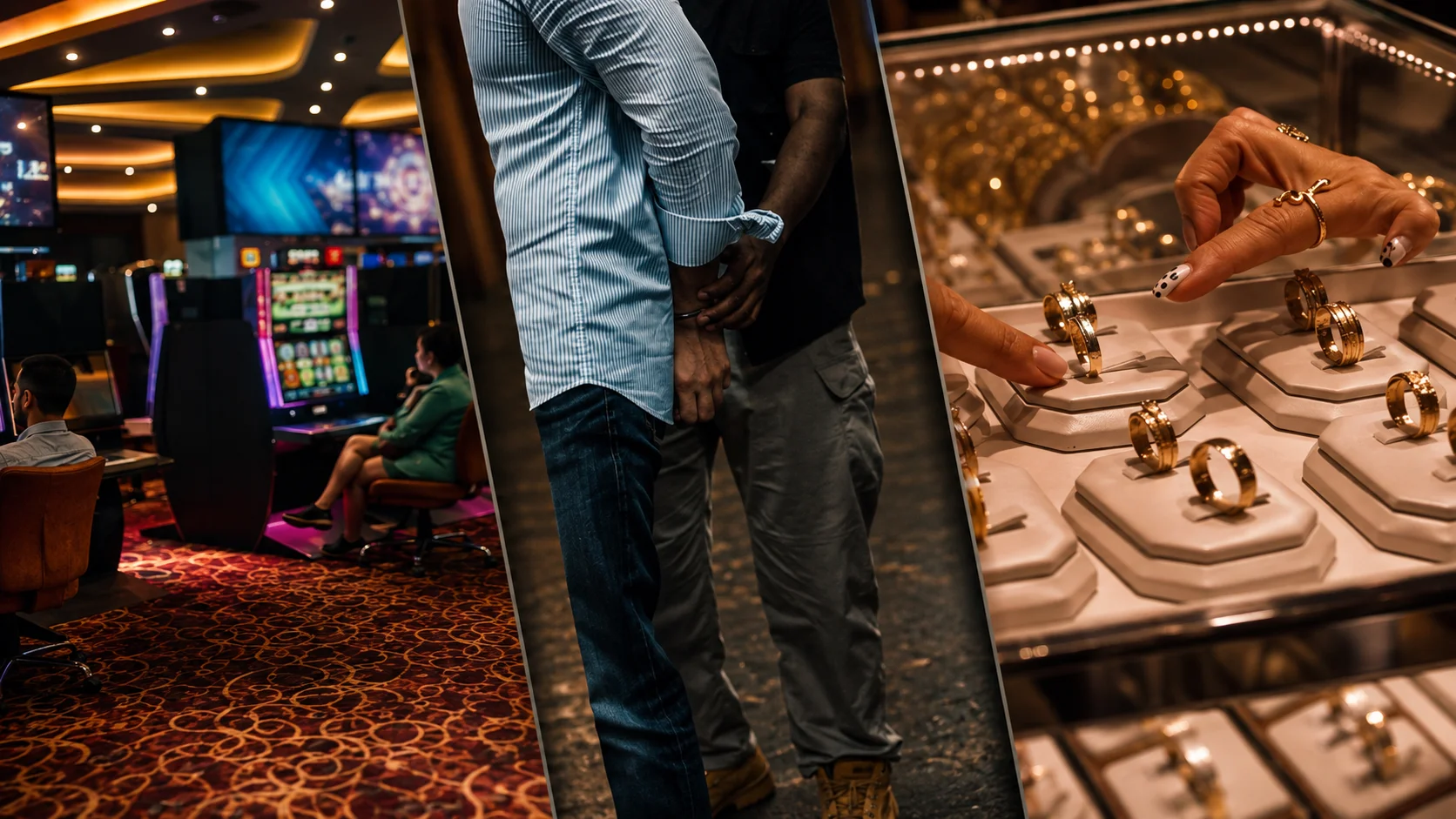 Three-panel montage shows the interior of a casino with slot machines, two men during an approach with their hands behind their backs, and a jewelry store display with gold rings.