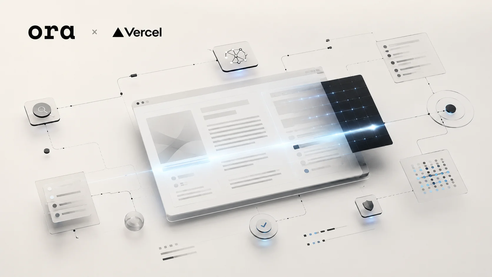 Conceptual illustration shows a web page being analyzed by an AI layer, with validation modules and the logos of Ora and Vercel.