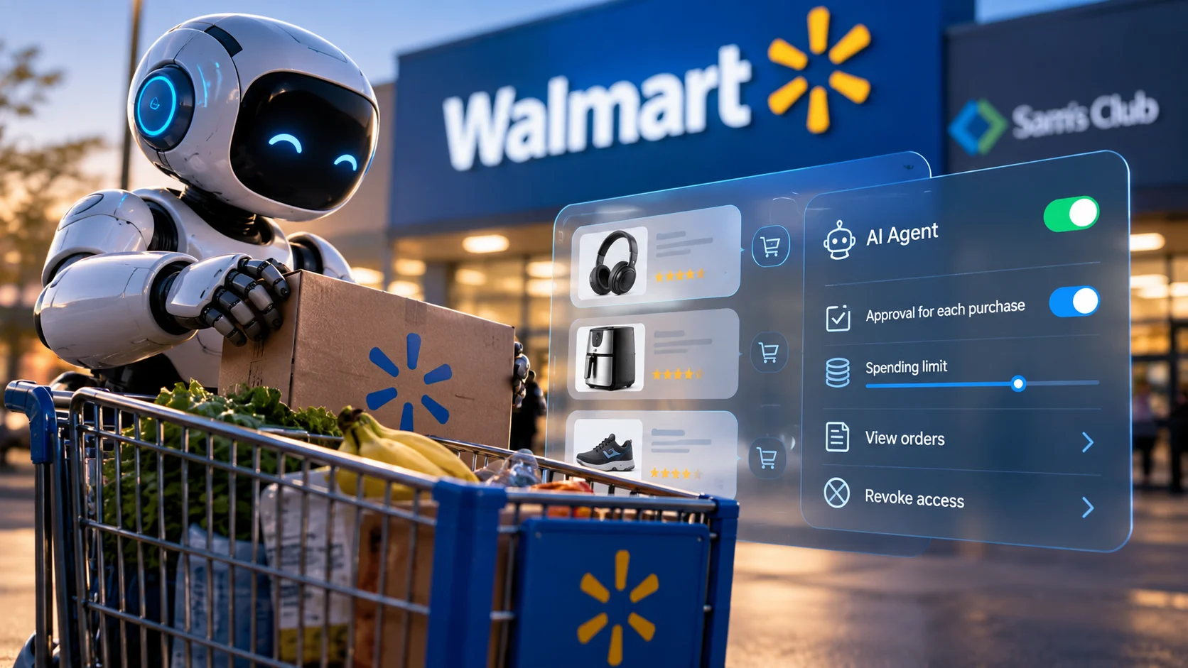 Robot con carrito de compras frente a un Walmart, acompañado de una interfaz digital de permisos para agentes de IA.