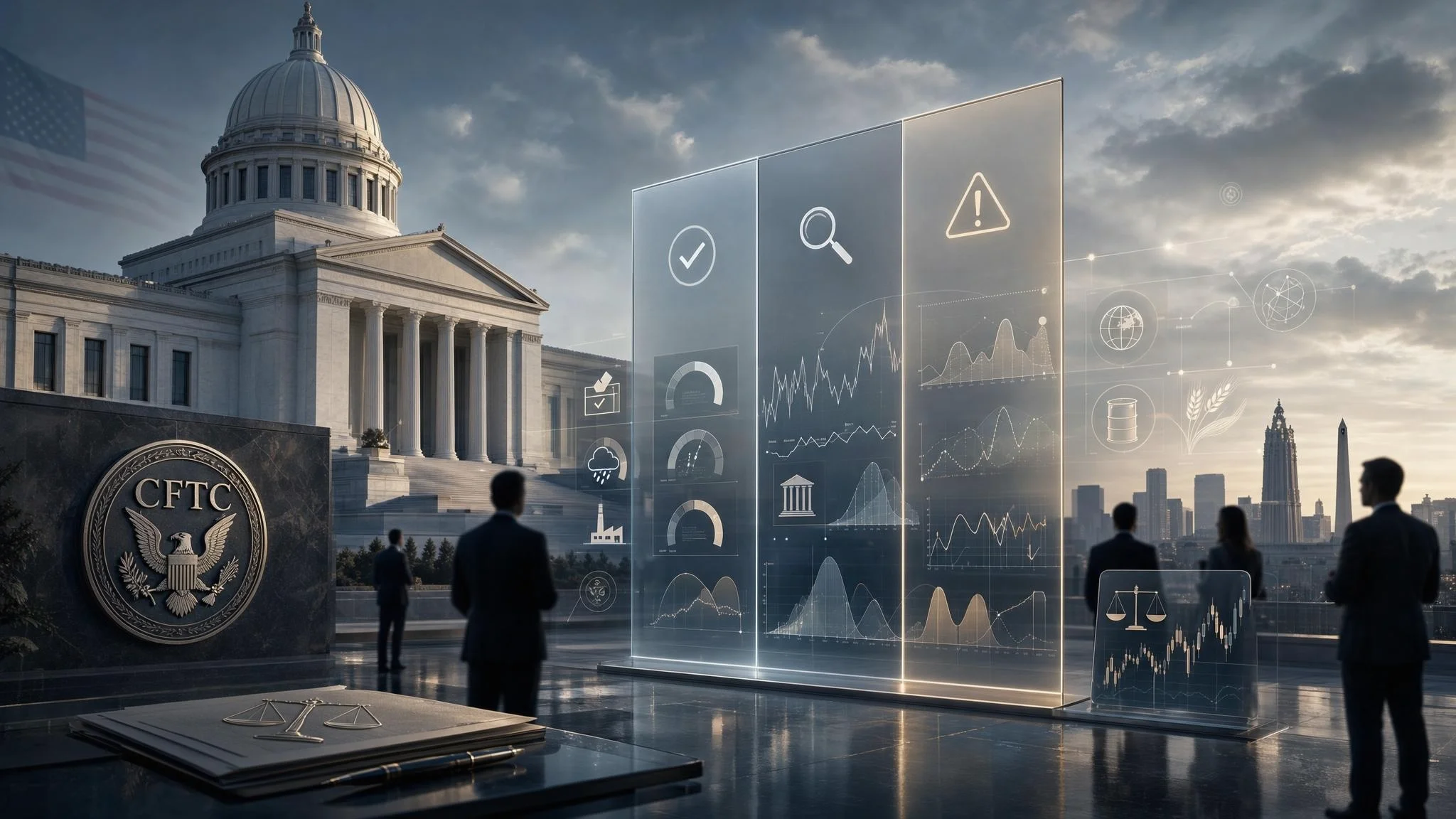 Conceptual illustration shows the CFTC in front of panels with charts and financial indicators, representing the regulation of prediction markets in the United States.