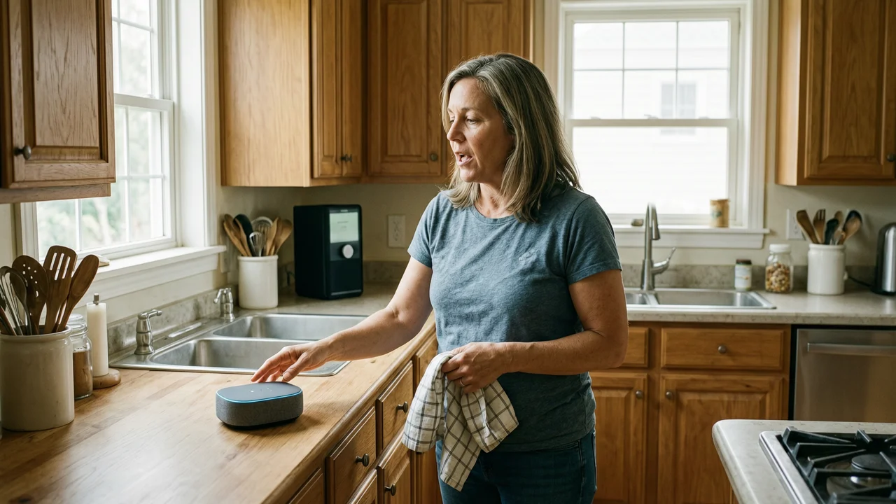 Woman around 40 in an American kitchen speaks to an Amazon Echo Dot speaker on the counter, holding a dish towel, with natural light from a window.