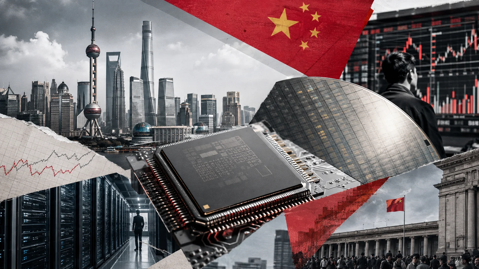 Ilustração em estilo de colagem mostra um grande chip em primeiro plano, a skyline de Xangai, gráficos do mercado, servidores e a bandeira da China, simbolizando o IPO de uma fabricante chinesa de chips de IA.