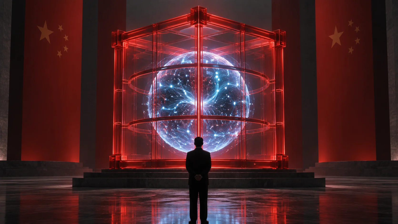 Conceptual illustration shows an artificial intelligence core contained within a red structure, under supervision, in reference to China's new AI safety framework.