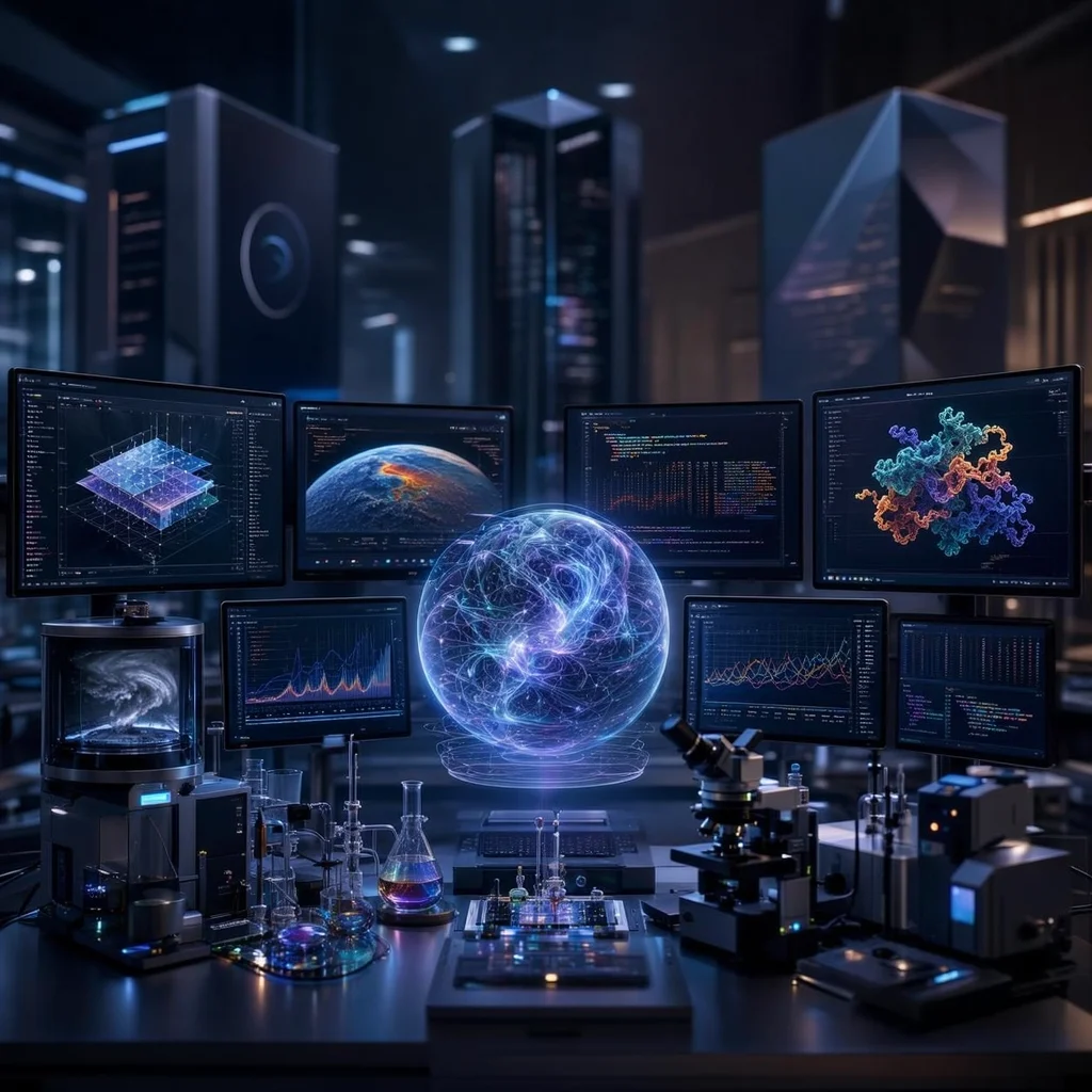 Technological laboratory with screens displaying graphics, code, weather, and molecular structures, while a digital sphere represents an AI conducting scientific experiments.