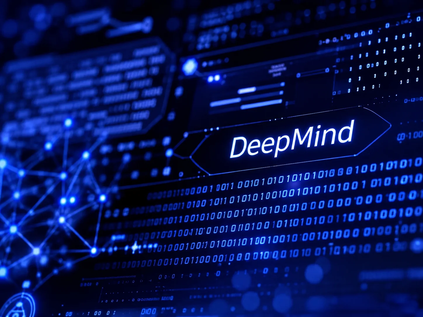 Futuristic digital interface with the name DeepMind highlighted, surrounded by binary codes, network connections, and artificial intelligence visual elements in shades of blue.
