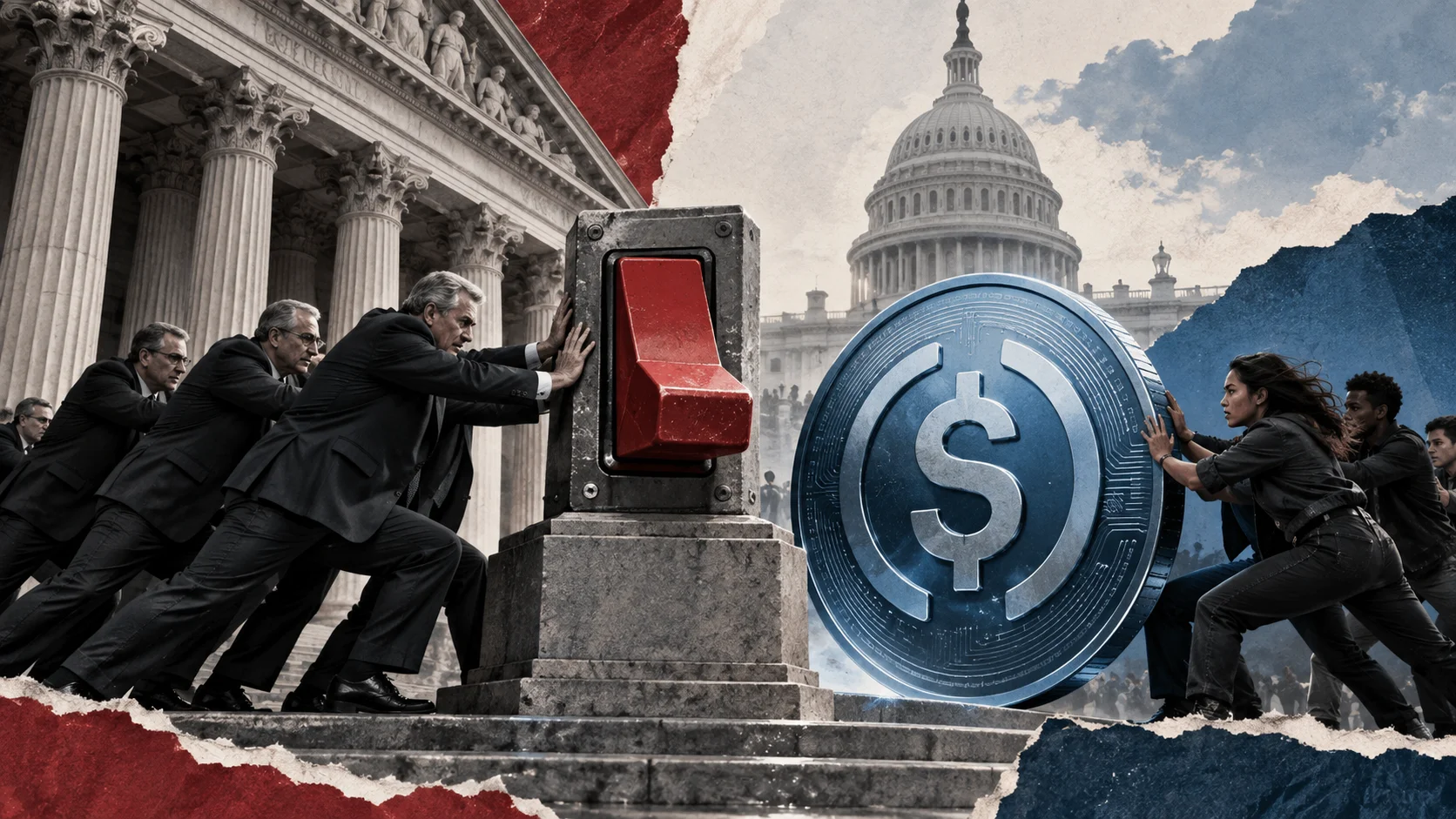 Editorial collage shows executives in suits pushing a large red switch in front of a classic building, while an opposing group pushes a blue digital coin toward the device, with the United States Capitol in the background, symbolizing the regulatory conflict between banks and stablecoins.