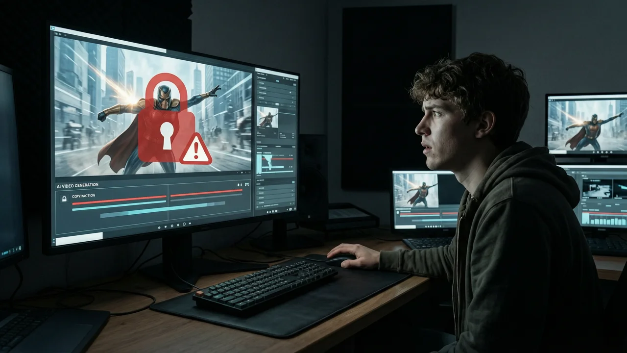 Editor in a video editing room observes a monitor with an AI video generation interface, where a red padlock and warning symbol overlaid on the video indicate a copyright protection block.