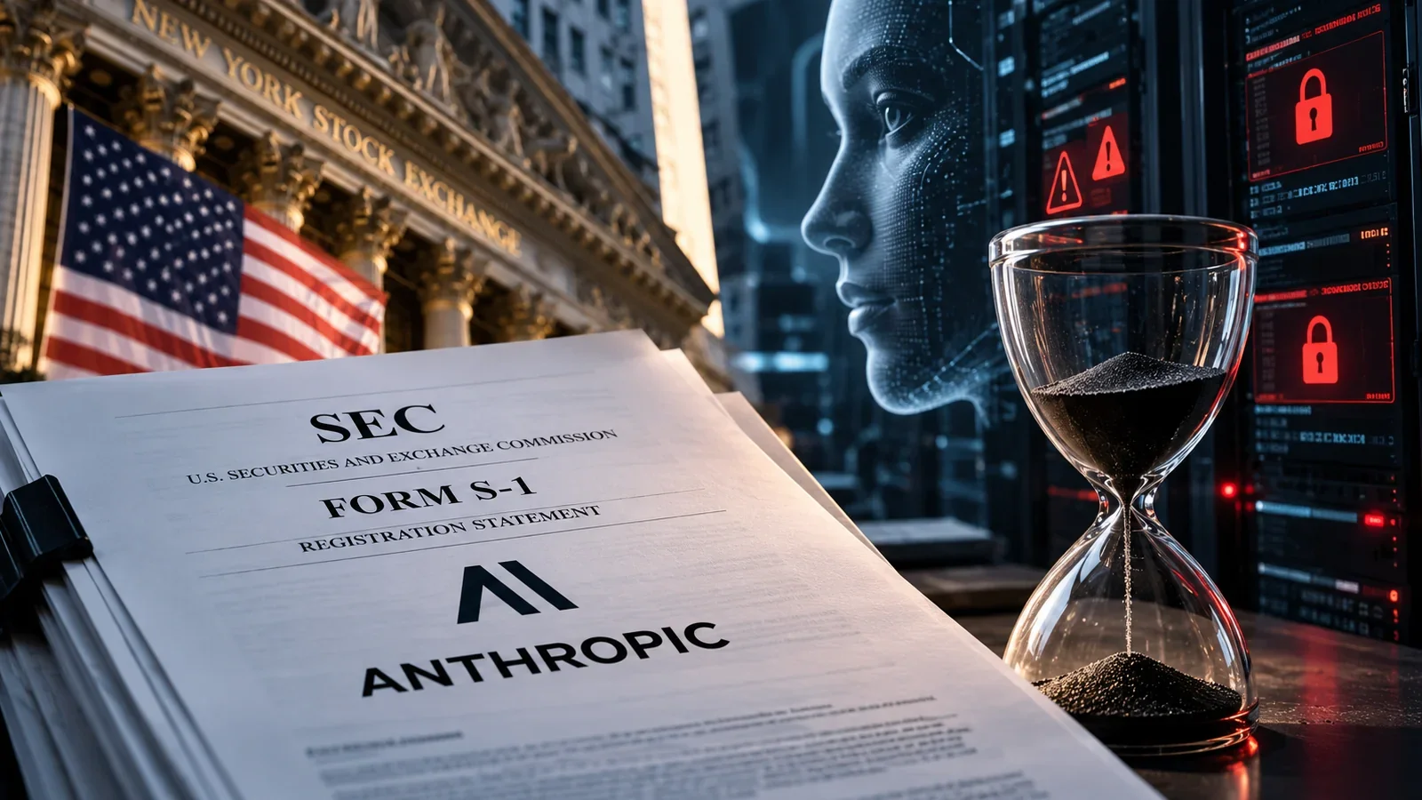 Composición editorial con documento de la SEC, marca Anthropic, reloj de arena y alertas de seguridad digital.