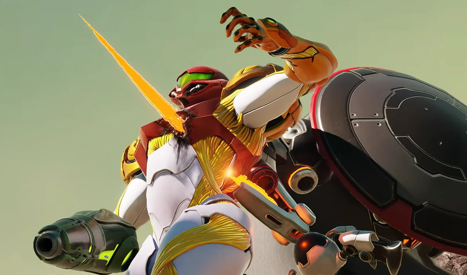 Samus Aran faces an enemy in a combat scene from Metroid Ravenous, with her armor and arm cannon highlighted.
