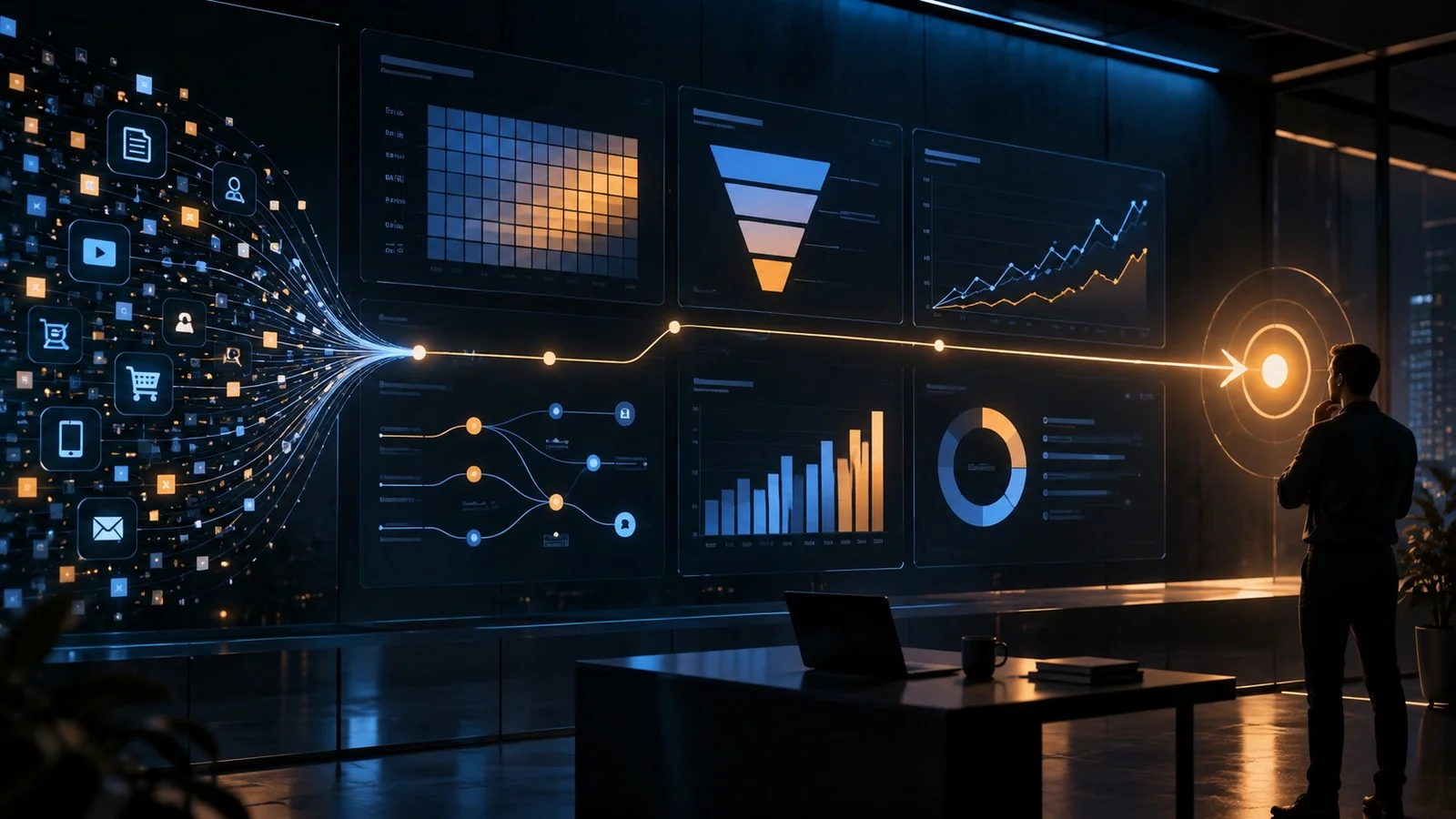 Marketing data streams becoming dashboards, funnels and decision signals in an analytics control room.