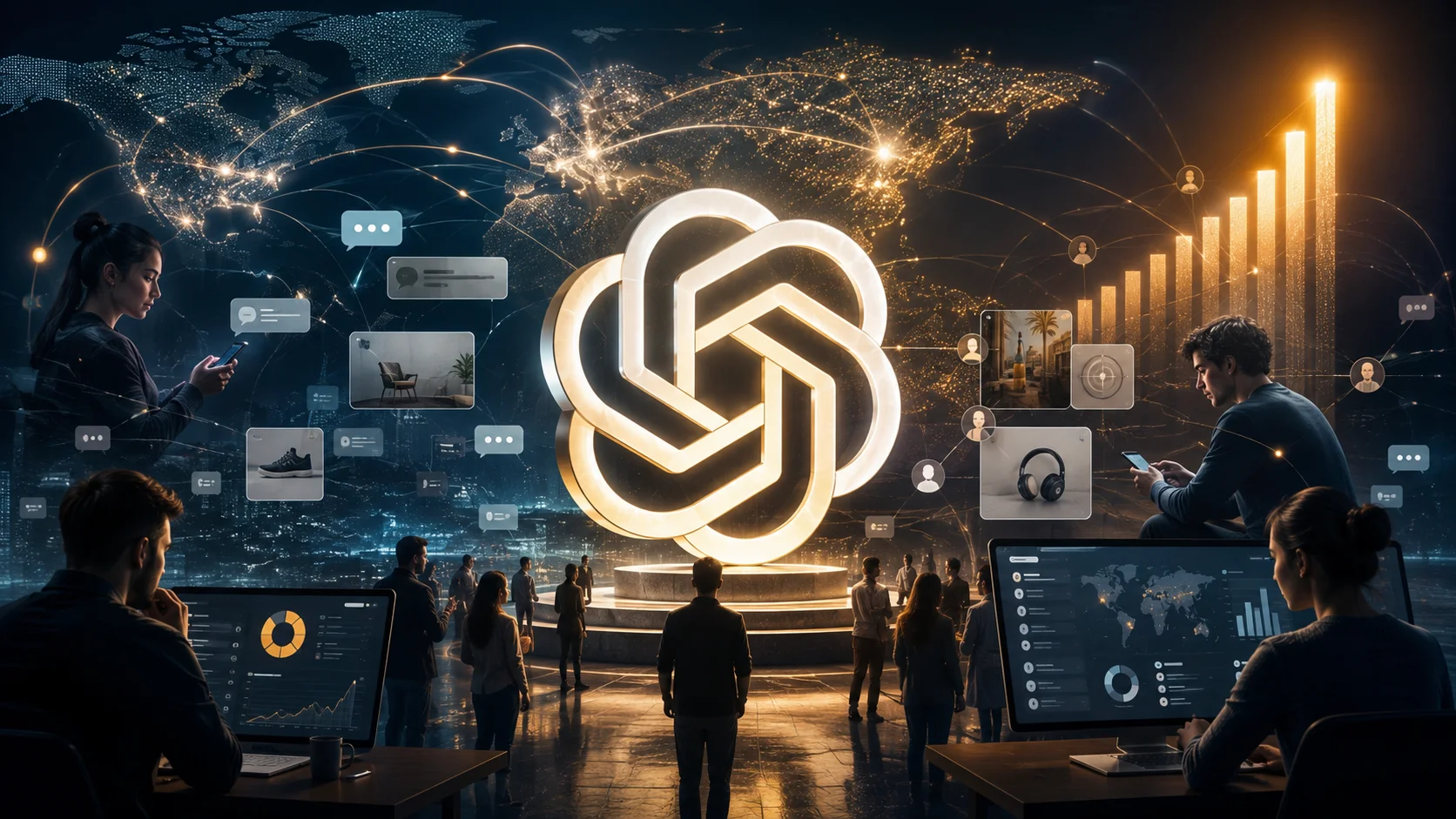 ChatGPT symbol highlighted against a connected global map, ad interfaces and growth charts representing the expansion of advertising on the platform.