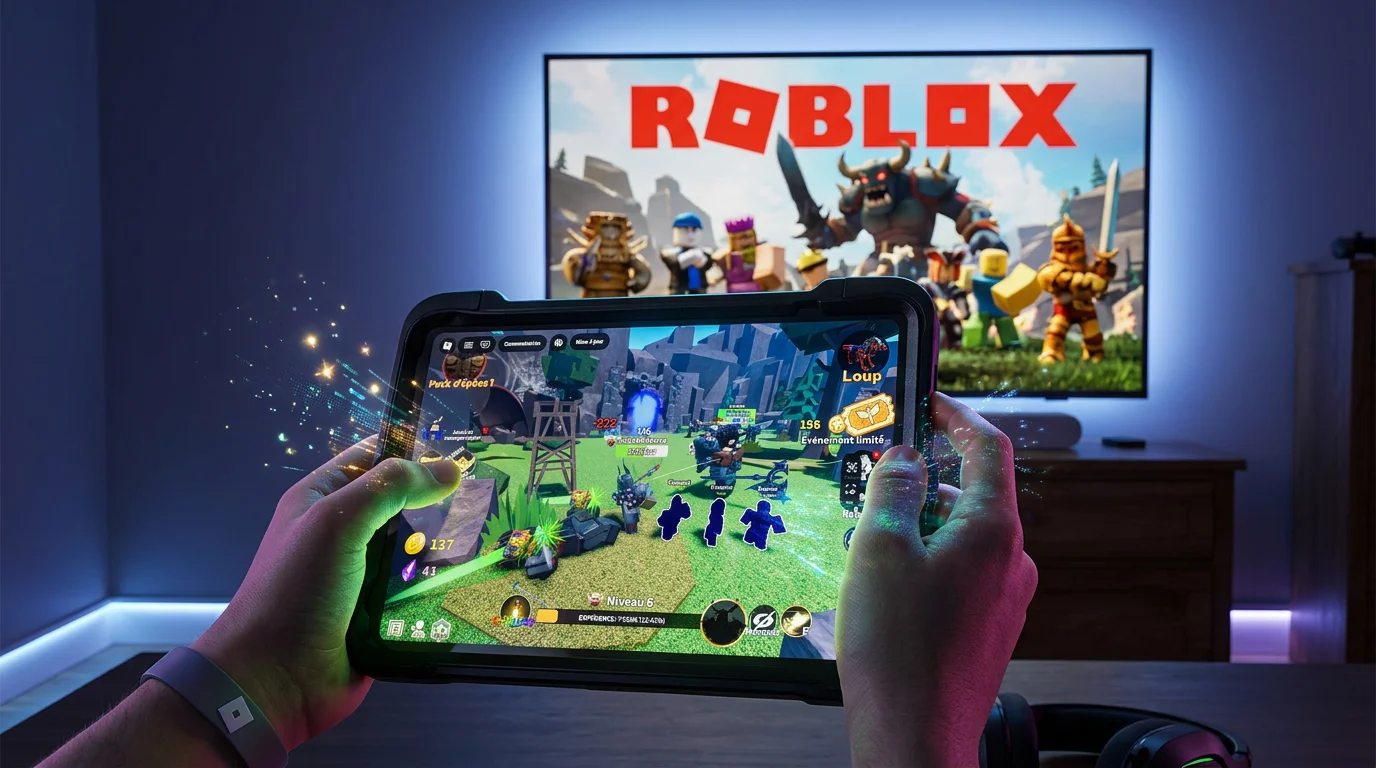 A person holds a mobile device with a Roblox game open, while the platform's logo appears on a screen in the background.