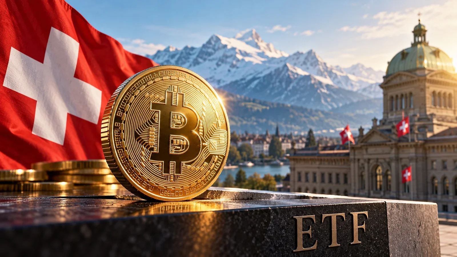 Bitcoin coin in the foreground, with the Swiss flag and the Federal Parliament in the background.