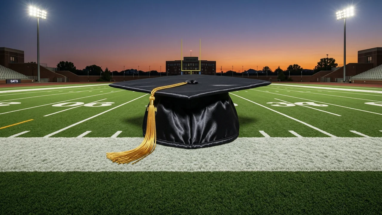 College football field at dusk with graduation cap in the end zone, metaphor for the intersection of college sports and education funding through sports betting taxes