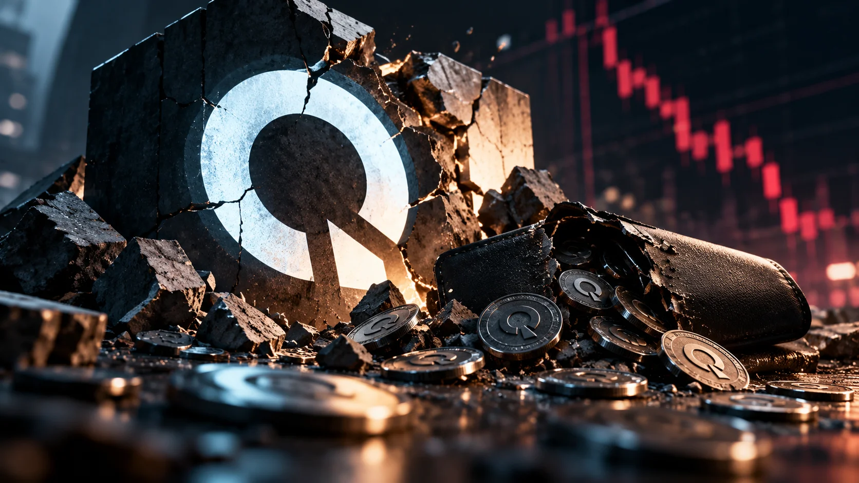 Visual representation of the Qubic logo over a destroyed structure, with coins scattered and a declining chart in the background.