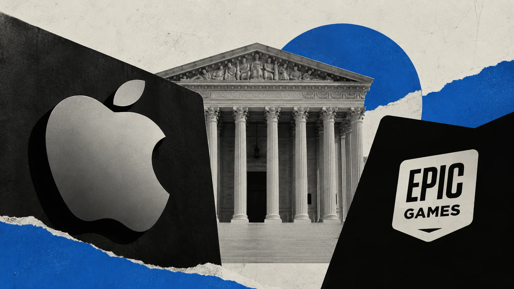 Editorial collage shows the Apple and Epic Games logos before the United States Supreme Court, symbolizing the legal dispute between the companies.