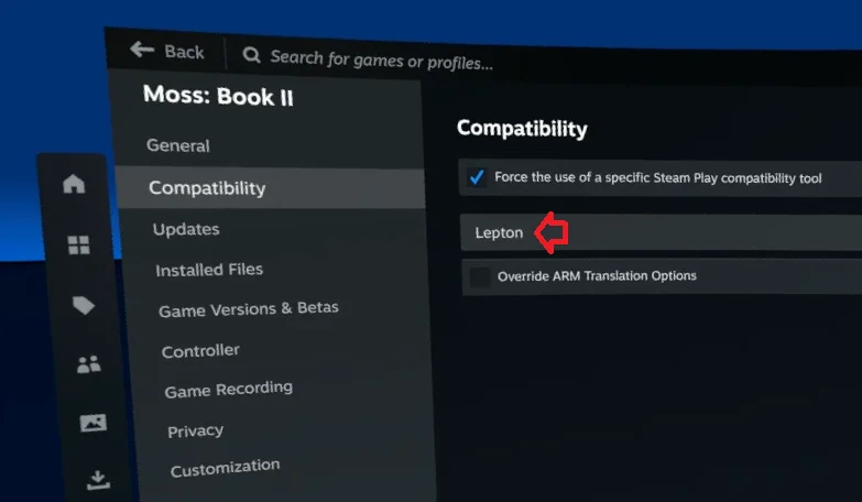 Lepton aparece como ferramenta de compatibilidade nas propriedades do Steam, permitindo executar a variante Android de um jogo no Steam Frame. Crédito: Valve/Steamworks