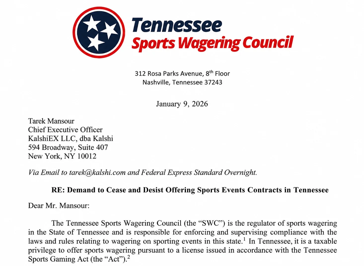 Tennessee regulator orders Kalshi to stop offering sports event contracts.