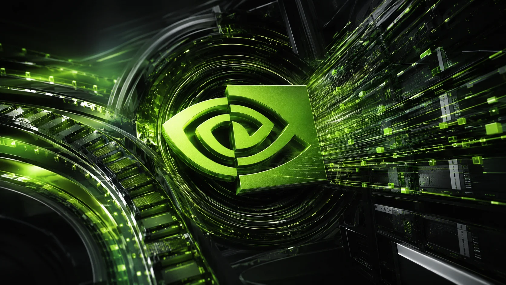 Conceptual illustration with the Nvidia symbol surrounded by green data flows and hardware structures, representing the production of the Groq 3 LPX accelerator for AI inference.