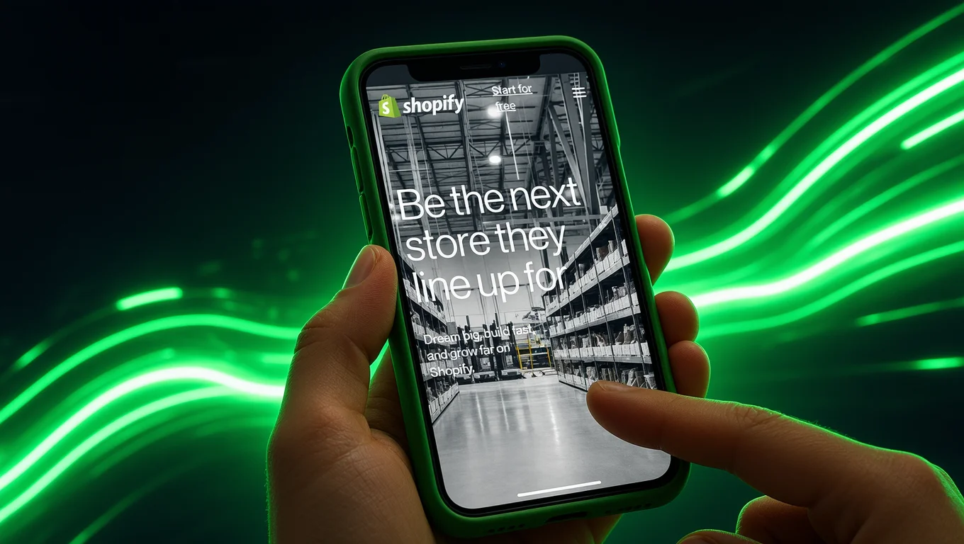 Person holding a smartphone with the Shopify page open on the screen, in front of a dark background illuminated by green lines.