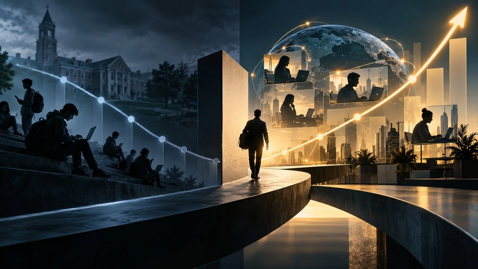 A declining campus-focused model giving way to a global talent marketplace and stronger growth trajectory.
