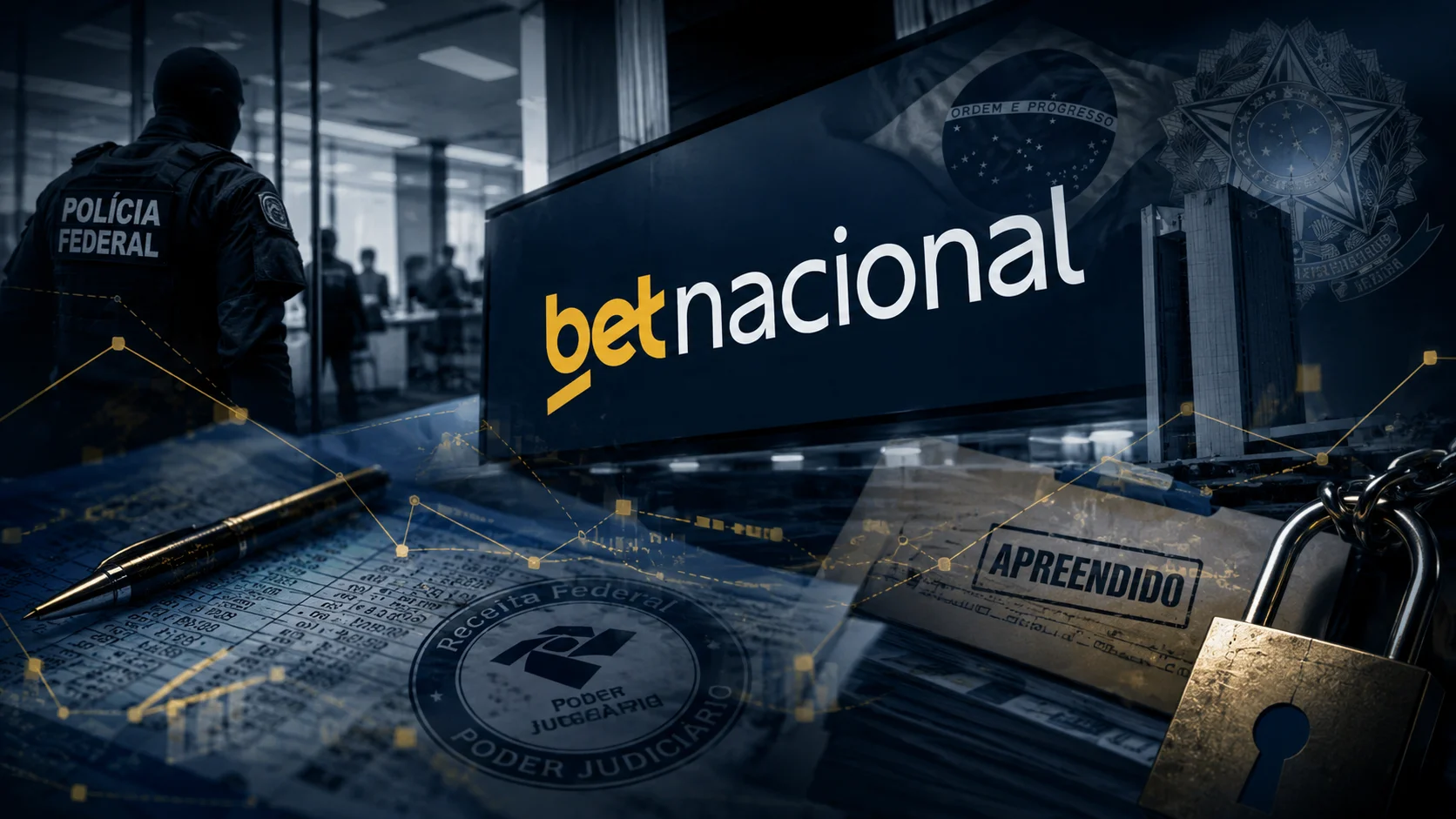 Logo da Betnacional em composição editorial com documentos financeiros, gráficos de transações, símbolos de fiscalização e elementos que representam investigação e apreensão de ativos no Brasil.