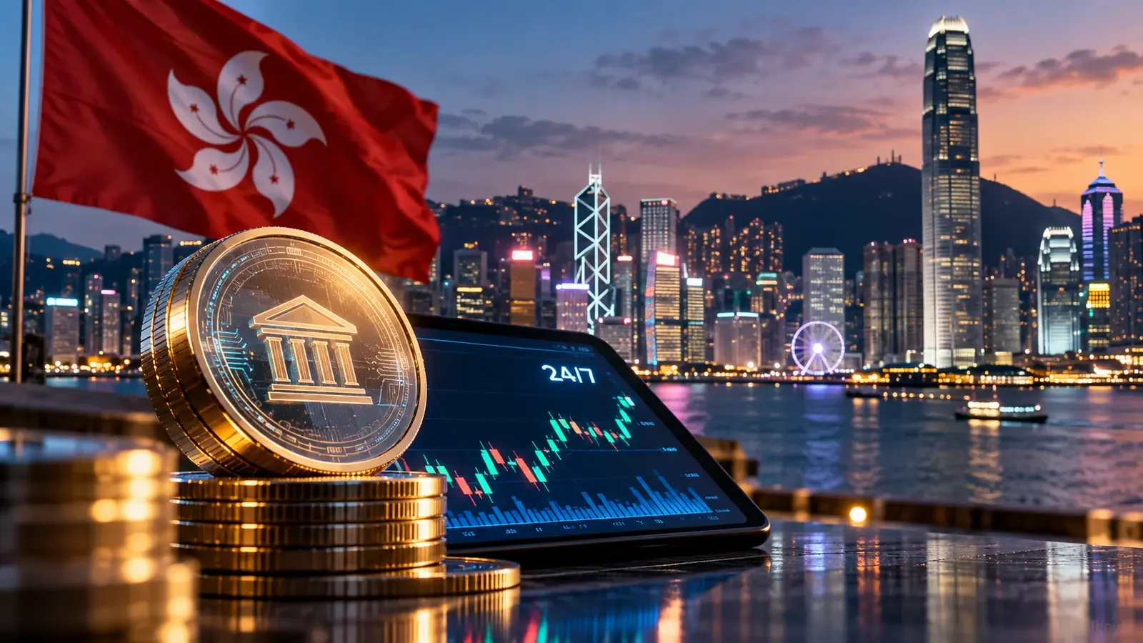 Composição ilustrativa com bandeira de Hong Kong, tokens digitais e plataforma de negociação diante do centro financeiro da cidade.